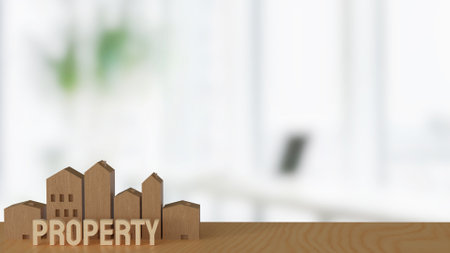 Wood house and property text for real estate concept 3d rendering.の写真素材
