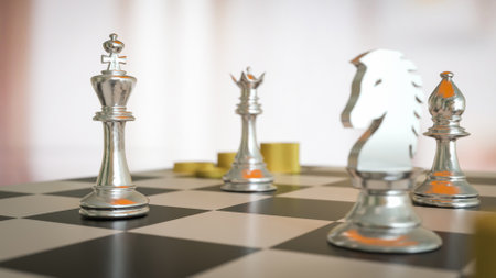 Silver chess on Board for Business or Board game concept 3d rendering.の写真素材