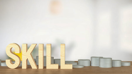 Skill text and coins for training or learn concept 3d rendering.