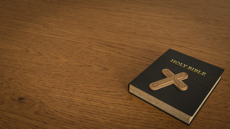 The Cross on holy bible book on wood table 3d rendering.