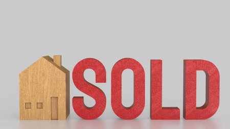 Toy wood house and red sold text for Property or real estate concept 3d Rendering.の写真素材
