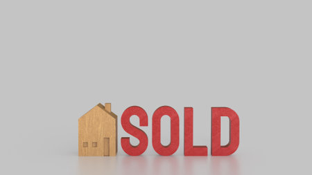Toy wood house and red sold text for Property or real estate concept 3d Rendering.の写真素材
