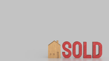 Toy wood house and red sold text for Property or real estate concept 3d Rendering.の写真素材