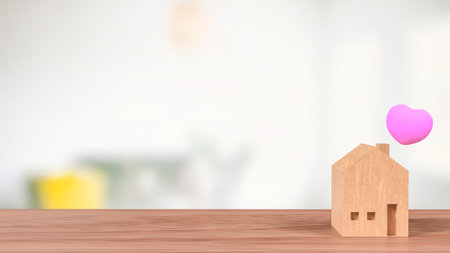 Wood House and Pink Heart for family or property concept 3d Rendering.の写真素材