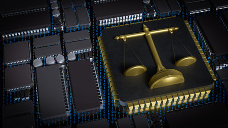 Gold Libra on Chip for Technology or Law concept 3d Rendering.