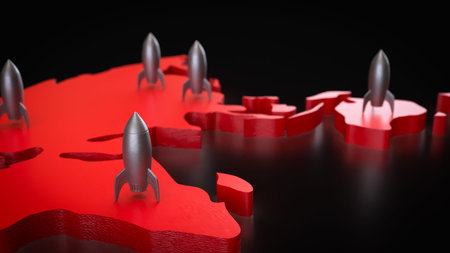 Rocket on red world map 3d Rendering.