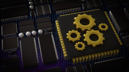 Gold Gear on Chip for Technology or IT concept 3d Rendering.