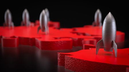 Rocket on red world map 3d Rendering.の写真素材