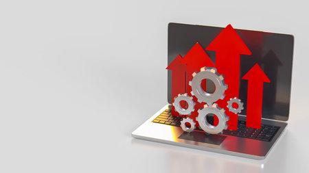 Arrow and Gear on Notebook for Business concept 3d Rendering.