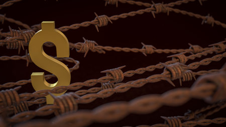 Rusty barbed wire and gold dollar  for Business concept 3d Rendering.の写真素材