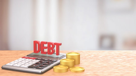 Calculator and coins for Debt concept 3d Rendering.