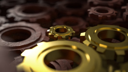 Gold gear for engineering or team work concept 3d Rendering.の写真素材
