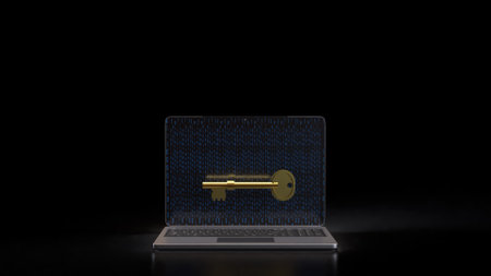 Gold key on notebook for security technology concept 3d Rendering.の写真素材