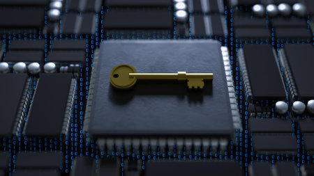 Gold key on Mother Board for security technology concept 3d Rendering.の写真素材