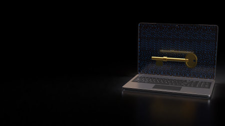 Gold key on notebook for security technology concept 3d Rendering.の写真素材