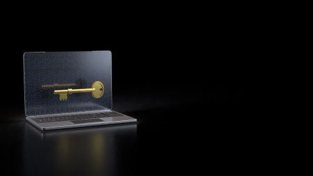Gold key on notebook for security technology concept 3d Rendering.の写真素材
