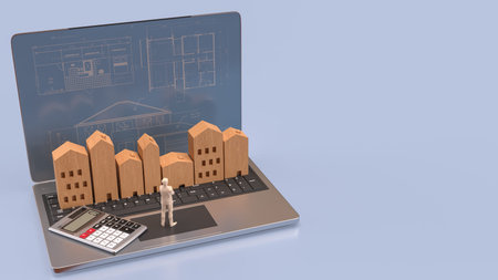 Man and wood house on Notebook for property or real estate concept 3d Rendering.