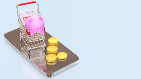 Pink piggy bank in Shopping cart for Marketing concept 3d Rendering.