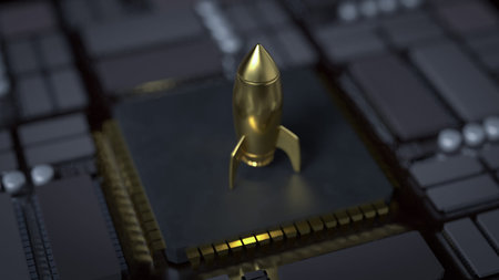 Gold Rocket on Mother Board for Business concept 3d Rendering.