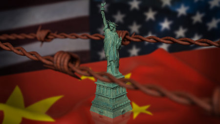 Statue of Liberty on China and America flag Background 3d Rendering.の写真素材