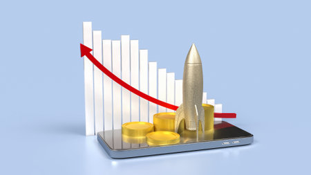 Rocket and coins on Mobile phone for business concept 3d Rendering.の写真素材