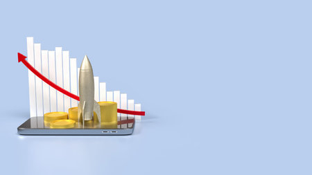 Rocket and coins on Mobile phone for business concept 3d Rendering.
