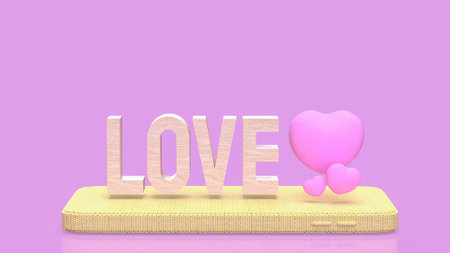 Love wood text and Pink Heart on mobile  for  romance concept 3d Rendering.の写真素材