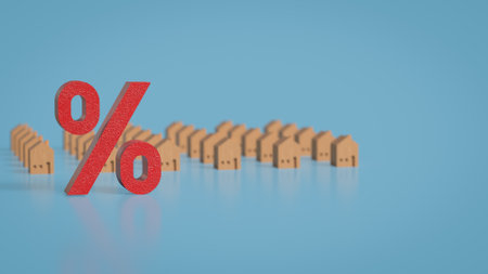 Red Percent and wood house for Property concept 3d Rendering.の写真素材