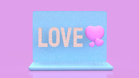 Love wood text and Pink Heart on laptop  for  romance concept 3d Rendering.