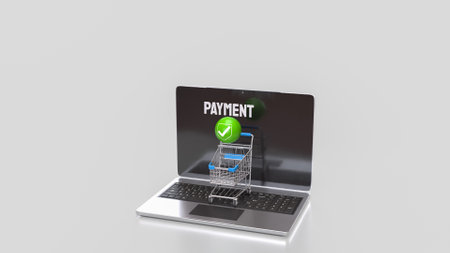 Green sphere and icon on Notebook 3d Rendering.の写真素材