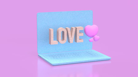 Love wood text and Pink Heart on laptop  for  romance concept 3d Rendering.