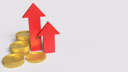 Red Arrow Up and gold coins for Business concept 3d Rendering.の写真素材