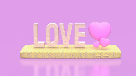Love wood text and Pink Heart on mobile  for  romance concept 3d Rendering.