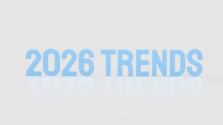 Blue text 2026 trends on white background 3d rendering.