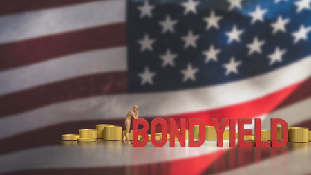 Bond yields and coins  on USA flag for Business concept 3d Rendering.の写真素材