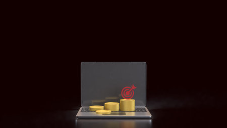 Gold coins and red target on laptop for Business concept 3d Rendering.
