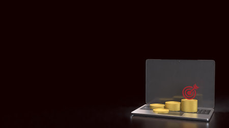 Gold coins and red target on laptop for Business concept 3d Rendering.