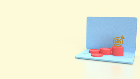 Gold coins and red target on laptop for Business concept 3d Rendering.