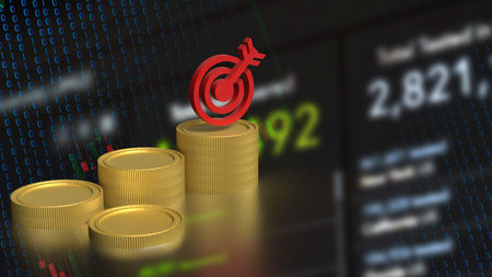 Gold coins and red target for Business concept 3d Rendering.の写真素材