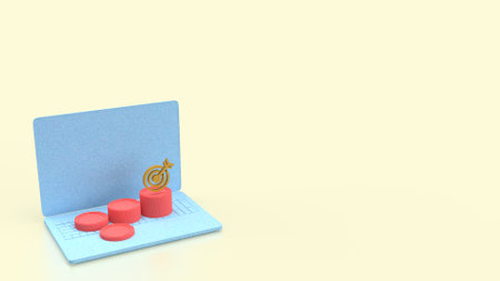 Gold coins and red target on laptop for Business concept 3d Rendering.の写真素材