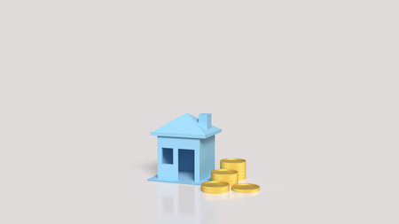 Blue house and coins for Building concept 3d Rendering.