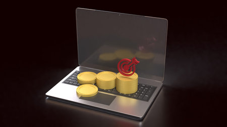 Gold coins and red target on laptop for Business concept 3d Rendering.