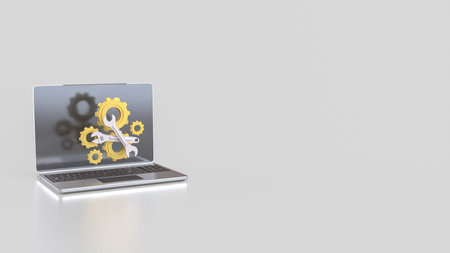 Laptop and Gear for  fix or repair concept 3d Rendering.