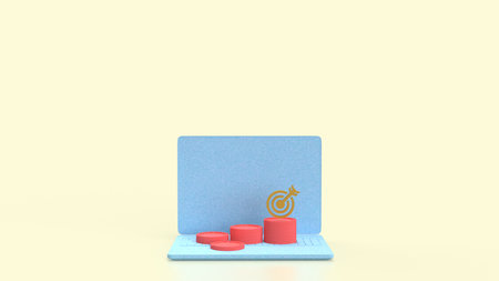 Gold coins and red target on laptop for Business concept 3d Rendering.の写真素材