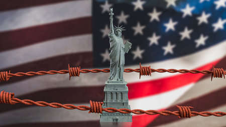 Statue of liberty and barbed wire on America flag 3d Rendering.の写真素材