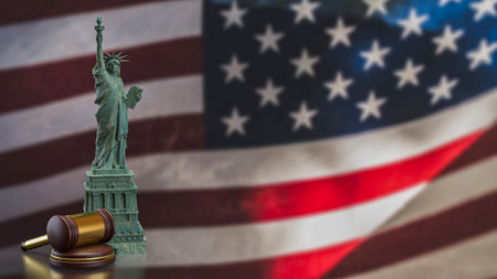 Statue of liberty and barbed wire on America flag 3d Rendering.