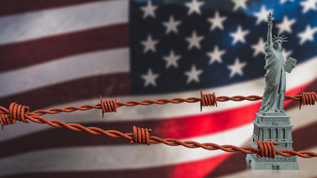 Statue of liberty and barbed wire on America flag 3d Rendering.の写真素材
