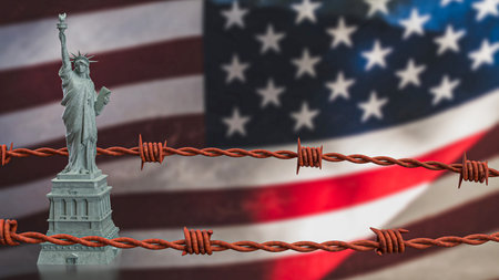 Statue of liberty and barbed wire on America flag 3d Rendering.の写真素材
