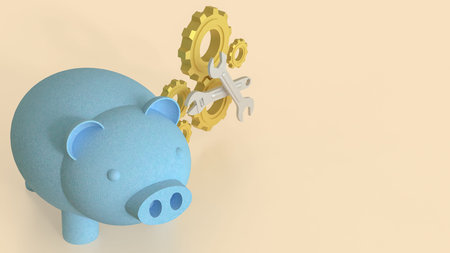 Blue Piggy Bank and Gear for  Earn or Saving concept 3d Rendering.