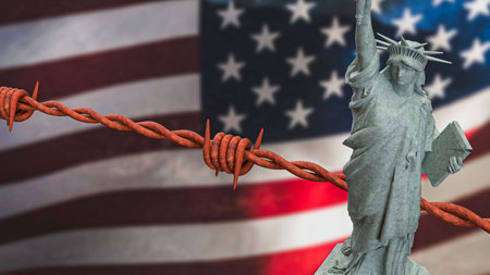 Statue of liberty and barbed wire on America flag 3d Rendering.の写真素材